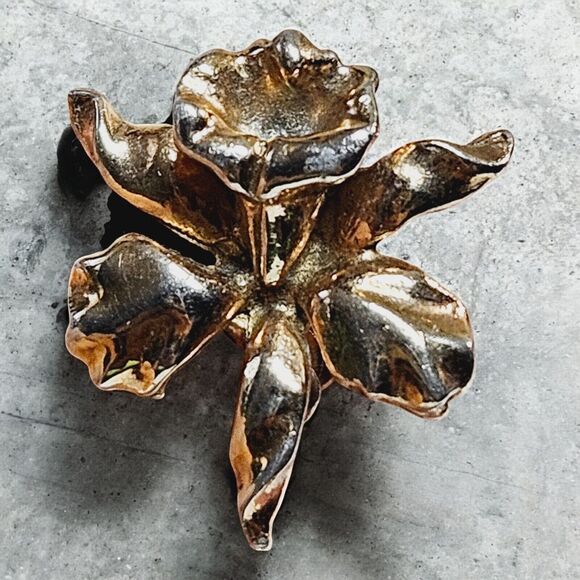 Vtg Jack In The Pulpit Screw Earrings Matching Brooch Set Gold Tone Iris Bundle - Picture 4 of 14